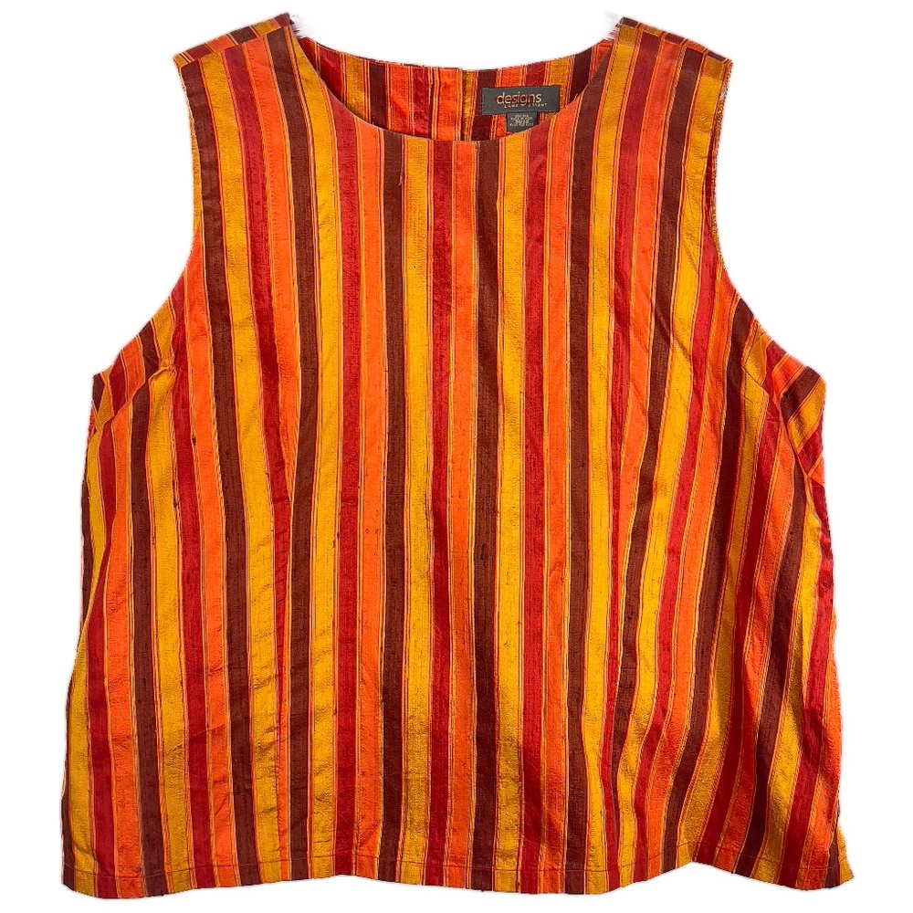 Orange, Red and Yellow Silk Sleeveless Back Button Top with Side Slits